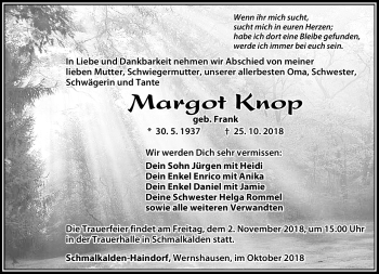 Traueranzeige von Margot Knop von Südthüringer Presse