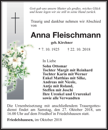 Traueranzeige von Anna Fleischmann von Südthüringer Presse