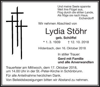 Traueranzeige von Lydia Stöhr von Frankenpost