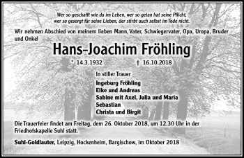 Traueranzeige von Hans-Joachim Fröhling von Südthüringer Presse