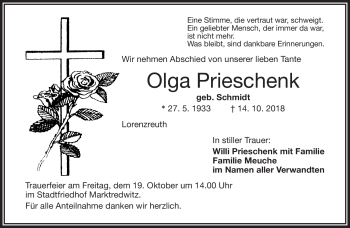 Traueranzeige von Olga Prieschenk von Frankenpost