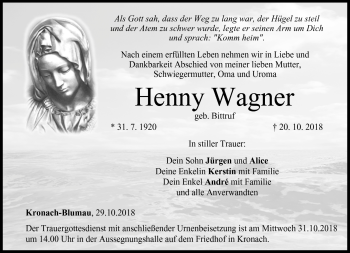 Traueranzeige von Henny Wagner von Neue Presse Coburg