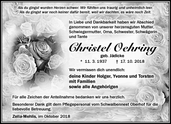Traueranzeige von Christel Oehring von Südthüringer Presse