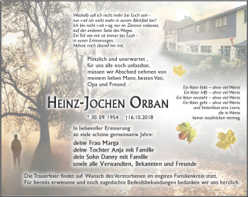 Traueranzeige von Heinz-Jochen Orban von Südthüringer Presse