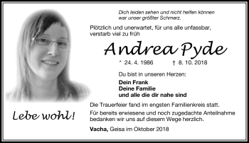 Traueranzeige von Andrea Pyde von Südthüringer Presse