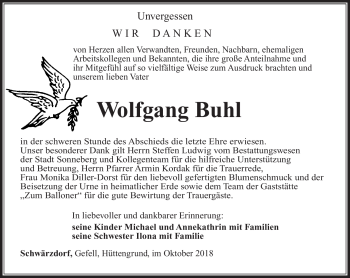 Traueranzeige von Wolfgang Buhl von Südthüringer Presse