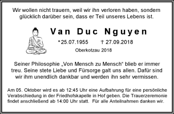 Traueranzeige von Van Duc Nguyen von Frankenpost