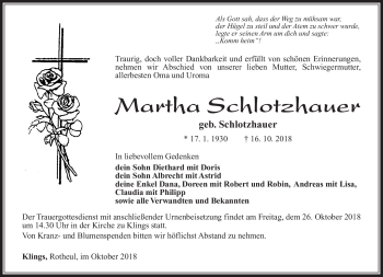 Traueranzeige von Martha Schlotzhauer von Südthüringer Presse