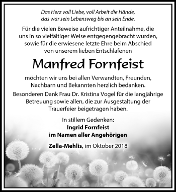 Traueranzeige von Manfred Fornfeist von Südthüringer Presse