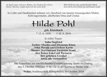 Traueranzeige von Hilde Pohl von Südthüringer Presse