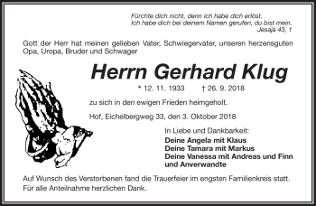 Traueranzeige von Gerhard Klug von Frankenpost