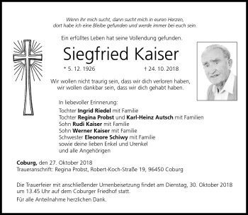 Traueranzeige von Siegfried Kaiser von Neue Presse Coburg