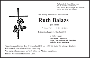 Traueranzeige von Ruth Balazs von Neue Presse Coburg