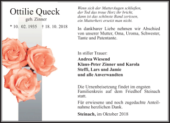 Traueranzeige von Ottilie Queck von Südthüringer Presse