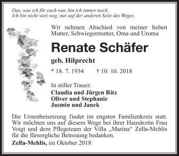 Traueranzeige von Renate Schäfer von Südthüringer Presse
