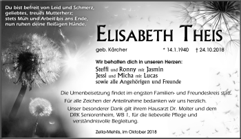 Traueranzeige von Elisabeth Theis von Südthüringer Presse