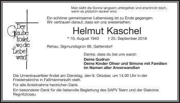Traueranzeige von Helmut Kaschel von Frankenpost
