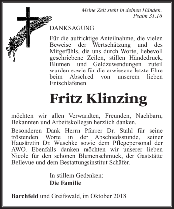 Traueranzeige von Fritz Klinzing von Südthüringer Presse