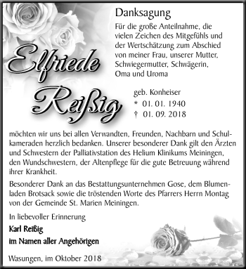 Traueranzeige von Elfriede Reißig von Südthüringer Presse
