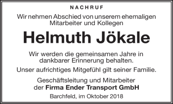 Traueranzeige von Helmuth Jökale von Südthüringer Presse