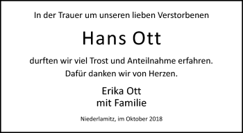 Traueranzeige von Hans Ott von Frankenpost
