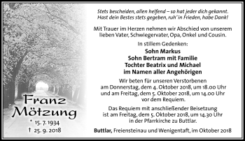 Traueranzeige von Franz Mötzung von Südthüringer Presse