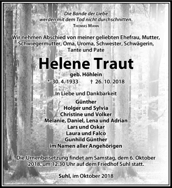 Traueranzeige von Helene Traut von Südthüringer Presse