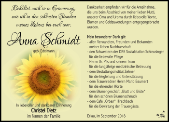 Traueranzeige von Anna Schmidt von Südthüringer Presse