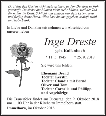 Traueranzeige von Inge Dreste von Südthüringer Presse