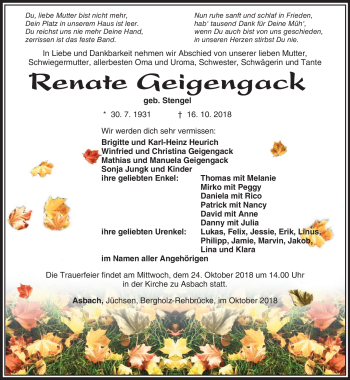 Traueranzeige von Renate Geigengack von Südthüringer Presse