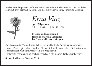 Traueranzeige von Erna Vinz von Südthüringer Presse