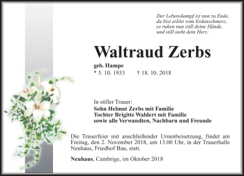 Traueranzeige von Waltraud Zerbs von Südthüringer Presse