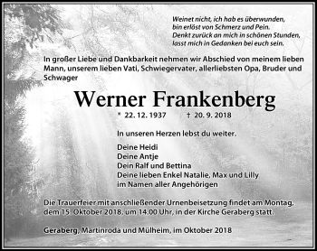Traueranzeige von Werner Frankenberg von Südthüringer Presse