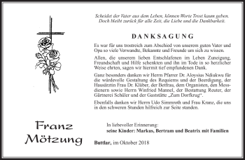 Traueranzeige von Franz Mötzung von Südthüringer Presse