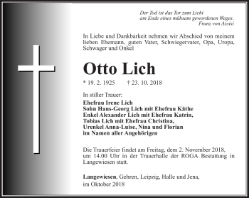 Traueranzeige von Otto Lich von Südthüringer Presse