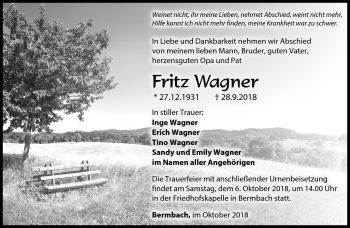 Traueranzeige von Fritz Wagner von Südthüringer Presse