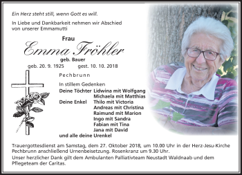 Traueranzeige von Emma Fröhler von Frankenpost