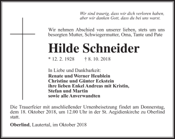 Traueranzeige von Hilde Schneider von Südthüringer Presse