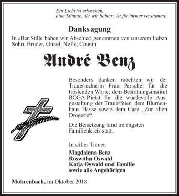 Traueranzeige von André Benz von Südthüringer Presse