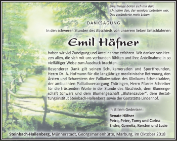 Traueranzeige von Emil Häfner von Südthüringer Presse
