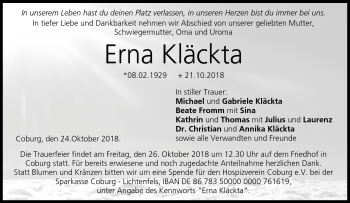 Traueranzeige von Ern Kläckta von Neue Presse Coburg