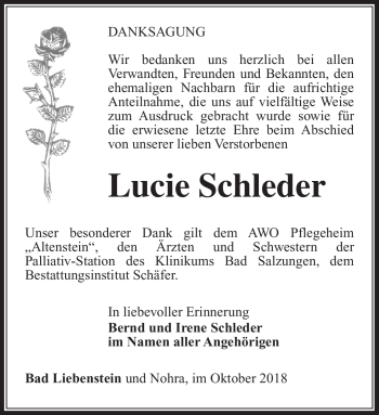 Traueranzeige von Lucie Schleder von Südthüringer Presse