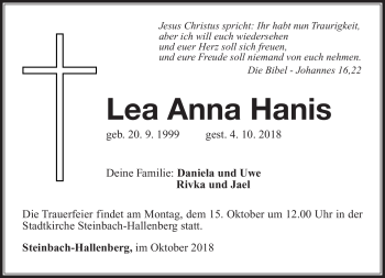 Traueranzeige von Lea Anna Hanis von Südthüringer Presse