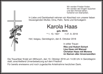 Traueranzeige von Karola Haas von Frankenpost