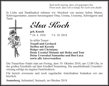 Traueranzeige von Elsa Koch von Südthüringer Presse