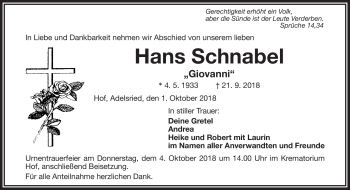 Traueranzeige von Hans Schnabel von Frankenpost