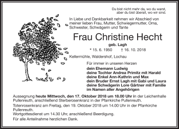 Traueranzeige von Christine Hecht von Frankenpost