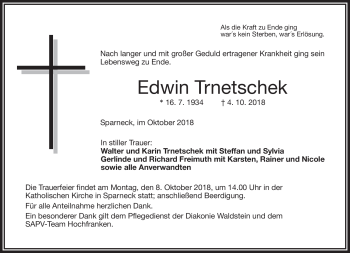 Traueranzeige von Edwin Trnetschek von Frankenpost