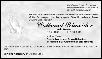 Traueranzeige von Waltraud Schneider von Südthüringer Presse