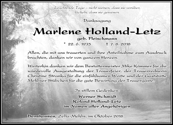 Traueranzeige von Marlene Holland-Letz von Südthüringer Presse